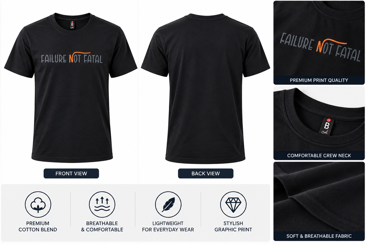 Black Failure Not Fatal Graphic T-Shirt - Image 6